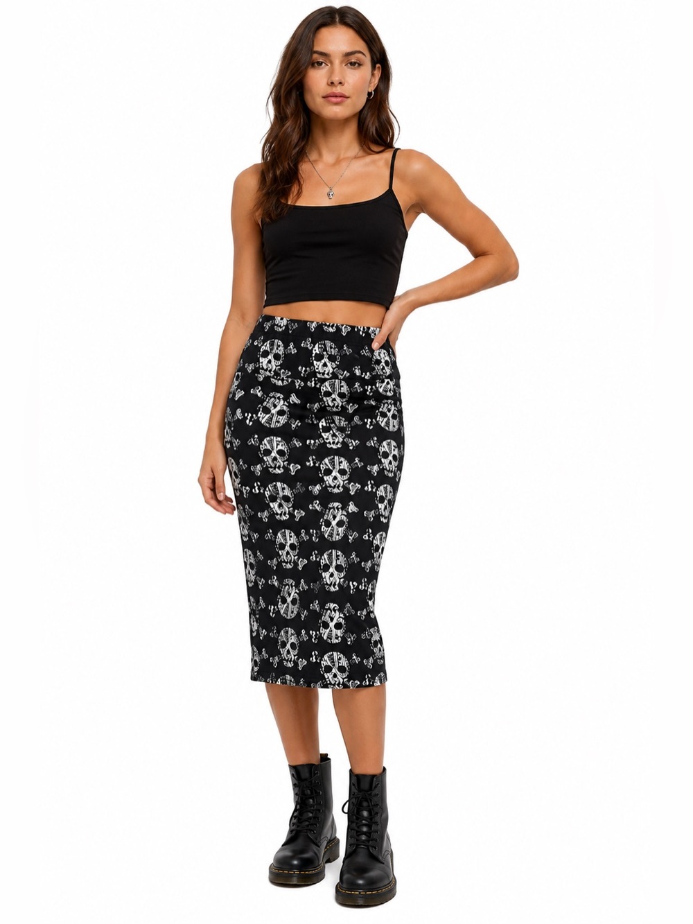 Tres Bien Skull Print Skirt Size Large Black Goth Punk Midi Skirt Rocker Chic